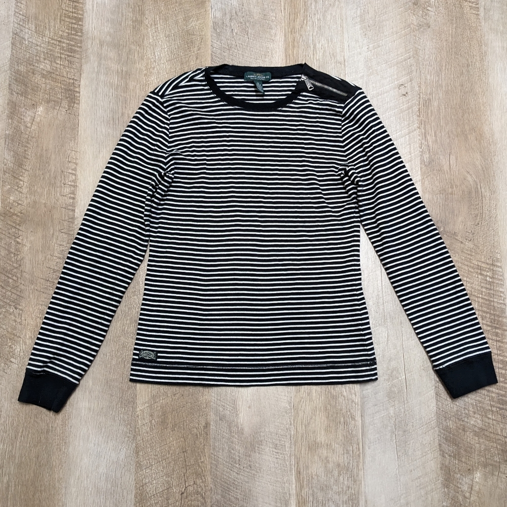 Lauren Ralph Lauren Jean Co Black White Striped Long Sleeve Shirt Elbow Patches